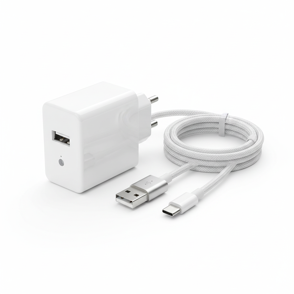 cargador blanco con usb y cable separado con conector usb y usb-c