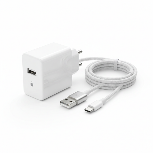 cargador blanco con usb y cable separado con conector usb y usb-c